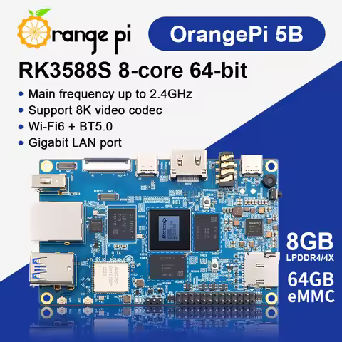 Orange Pi 5B 8GB Ram Rockchip RK3588S 64GB EMMC Wifi-BT Development Board Pi 5 B Run Debian Ubuntu A