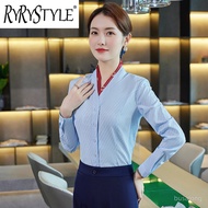 RYRYSTYLE Blue V-neck shirt womens long sleeved high-end commuting OL professional suit flight atten