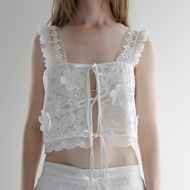 Rotsaniyom White Lace Boho Front-tied Cami Top