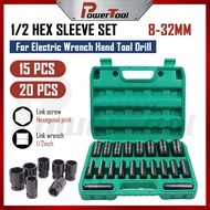 15pcs / 20pcs 1/2 Inch Long Impact Socket Set Deep Socket Spanar Box Set Tool Set 8mm - 32mm Impact 
