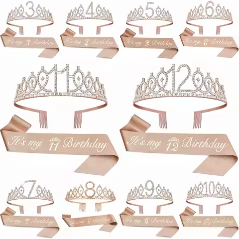 Birthday Tiara Crown Sash Women Girls 3th 4th 5th 6st 7th 8th 9th 10th 11th 12th Birthday Party Deco