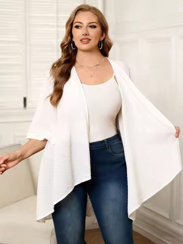 Plus Size Black Swiss Dot Chiffon Kimono Cardigan, 3/4 Sleeve Open Front Lightweight Cover Up