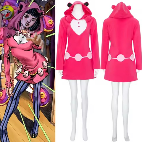 JJBA JoJolion Daiya Higashikata Cosplay Costume Pink Coral Velvet Hooded Outfit Dress
