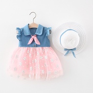 Summer New Baby Girl Princess Dress, Denim pakaian bayi biru, pakaian kanak-kanak Chiffon Floral put