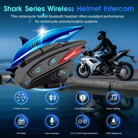 1/2pcs Velconn Shark Pro Music Sharing Motorcycle Helmet Bluetooth Headset 6 Rider Group 2000M Full 