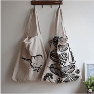 Cotton linen shoulder bag Art ins large leaf printing Mori bag Korea chic shopping bag