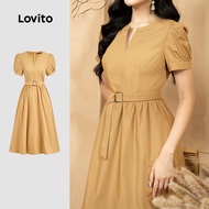 Lovito Casual Dress Pleated Spring/summer Yellow Dress for Women L157ED377 Lovito Gaun Kembang Kipas