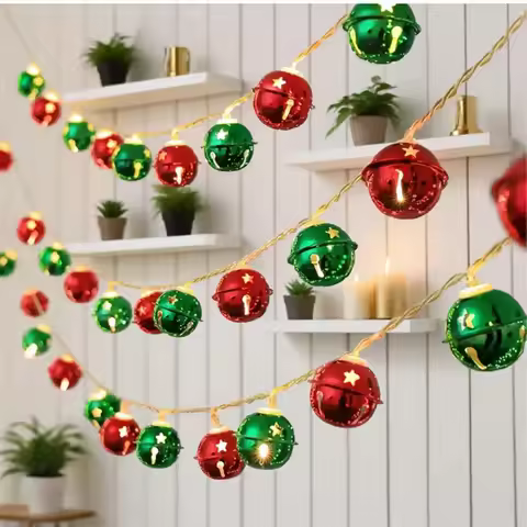 1pc Christmas Metal Bell Light String LED Red & Green Bell Garland String Lights For Home Bedroom Wi