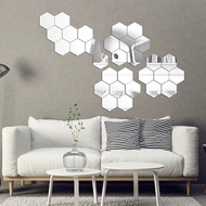 HIASAN DINDING Cool Hexagonal Mirror 12pcs E416 TS Hexagonal Glass Small Size Wall Decoration Wallpaper Sticker Mirror Import Real Pict