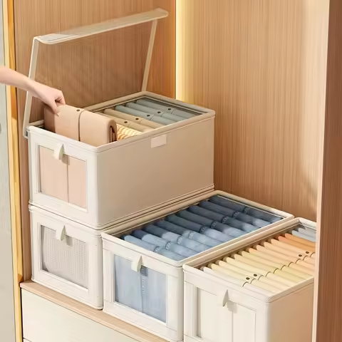 Canvas Storage Box with Transparent Window Strip - Foldable Clothing Organizing Box for Home Wardrob