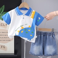 Terno for Kids Boy Polo Blue Dinosaur Design Shirt Maong Short 1-5yrs old E76
