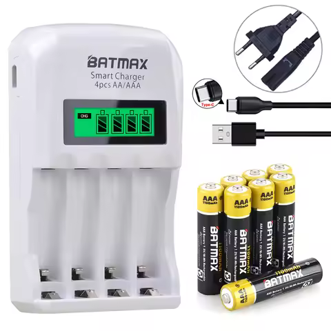 Batmax AA AAA battery +White Smart 4-Slots LCD Charger for AA & AAA Ni-MH Rechargeable Battery