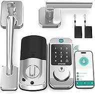 WiFi Front Door Lock Set - SMONET Fingerprint Keyless Entry Smart Locks Handle Set, Digital Remote Control Keypad Bluetooth Alexa Deadbolt Lockset with Auto Lock, Code, Fob, App for Rental,Silver