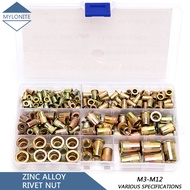 100-150-200pcs M3 M4 M5 M6 M8 M10 M12 Zinc Rivet Nuts Flat Head Knurled Screw Assortment Kit