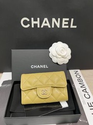 Chanel 22K Card Holder 最新經典款荔枝皮咭片套/小銀包 （淺綠色 淡金扣）