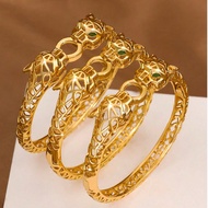 1/2/3pcs Elegant Classic 24K Gold Plated Green Gem Panther Eyes Openwork Bangle Bracelets, Suitable 