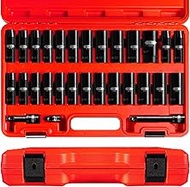 PGROUP 1/2 Inch Drive Deep Impact Socket Set, 29-Piece Standard 6 Point SAE and Metric Sizes (3/8" -