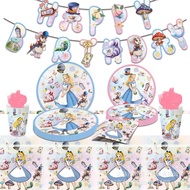Cartoon Alice in Wonderland Themed Children's Birthday Party Decoration Banner Plates Napkins Cups T