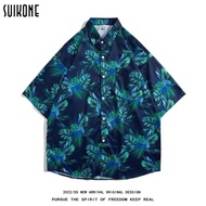 Suikone เสื้อเชิ้ตแขนสั้นพิมพ์ลายวินเทจสำหรับผู้ชายเสื้อฮาวายคอลูกเสื้อเชิ้ตลำลอง