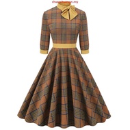 Women Vintage Plaid Dress With Pocket Rockabilly Cocktail Party 1950s 40s 50s Swing Dress Long Sleev