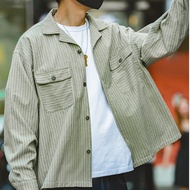 Ami Khaki Shirt Striped Shirt Japanese Retro Goose Yellow Cuban Collar Shirt Vintage Long-Sleeved Sh