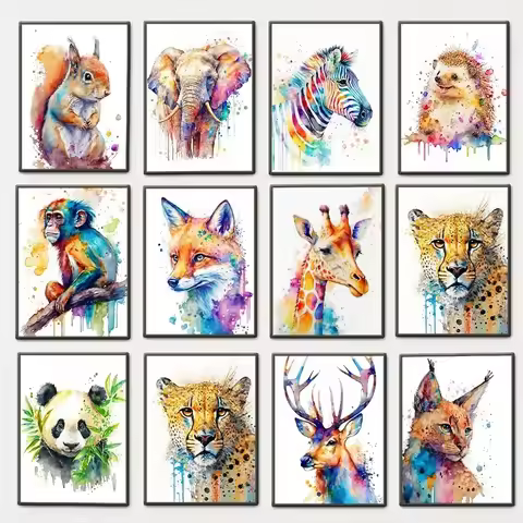 Woodland Animals Watercolor Poster Colorful Fox Wolf Bear Giraffe Nature Animal Canvas Painting Wall