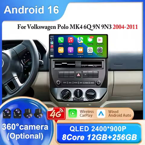 12.3 For Volkswagen Polo MK4 6Q 9N 9N3 2004-2011 Android 16 QLED Screen Car Radio Video Player Multi