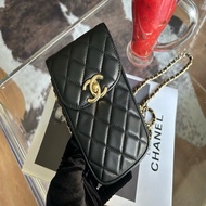 Chanel香奈兒黑金雙C logo菱格紋手機鏈條包