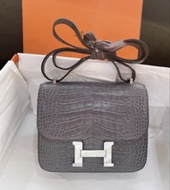 99新 Hermes Mini Constance 19 石墨灰 銀扣 霧面 鱷魚皮 C刻 配塵袋