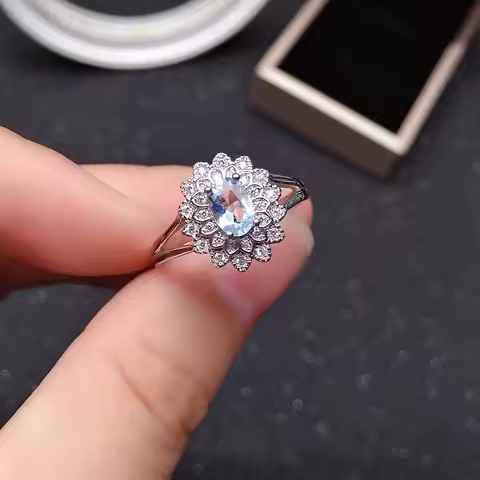new fashion silver aquamarine ring for daily wear 4mm*6mm natural aquamarine silver ring solid 925 s