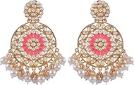 Bollywood Jewellery Traditional Ethnic Bridal Bride Wedding Bridesmaid Designer Gold-Plated Kundan Stone Pink Dangler White Pearl Stone Studs Earrings For Women &amp; Girl's