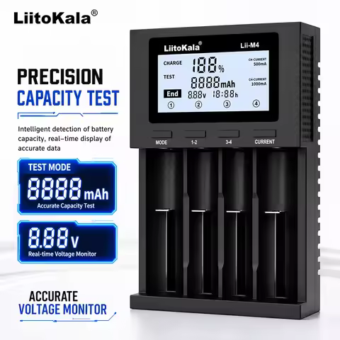 LiitoKala Lii-M4 Smart 4-Slot LCD Battery Charger Type-C 5V Input for 18650 21700 26650 AA AAA Ni-MH