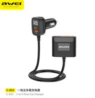 Awei C-853 5-in-1 Car charger front and rear charger support fast charging 3 USB 2 Type C output port for iPhone Huawei Samsung all mobiles