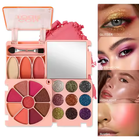 Combined Makeup Cosmetic Tray, 9 Shimmer Eyeshadow 9 Matte Eyeshadow 2 Blush 1 Highlight, Long Lasti