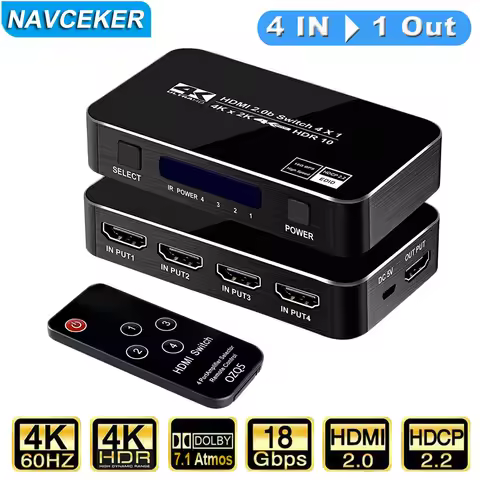 Navceker Remote HDMI Switcher 4K 60Hz 4 Port HDMI Switch 4 input 1 output HDMI Splitter Automatic Sw