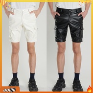 Button Zip Fly Men Pants Men Faux Leather Pants Mens Faux Leather Shorts with Multiple Pockets and B