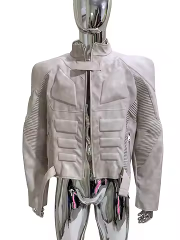 Spring Autumn Cool Distressed Pu Leather Exoskeleton-structured Jacket Men Shoulder Pads Luxury Desi