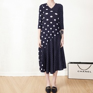 △ﺴ☒ JJ-2007 Free Size Slender Long V-Neck Long Sleeve Tie Polka Dot Pleated Womens High Waist A-Lin