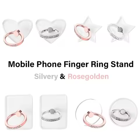 Silvery & Rosegolden Finger Ring Holder for iPhone Samsung Folding 360° Rotation Clear Sticker Stand