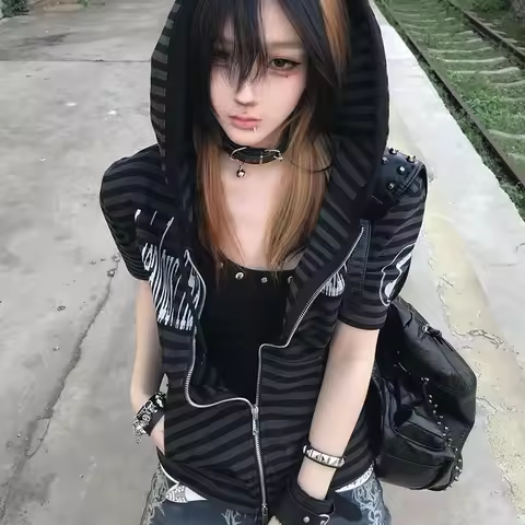 Subcultural Striped Hooded Short Sleeved Women's Summer New Visual Style Shoulder T-shirt Slim Fit C