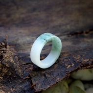 White Jade Ring With Green Front Pipe Shape Size: 56mm.