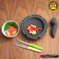 Mandiri Stone Cobek dan Ulekan / Coet / Penumbuk / Cobek Karakter Batu Lava Merapi Motif Bunga Matah