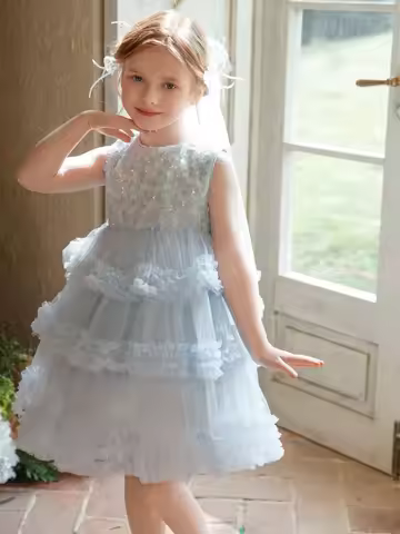 2026 New Baby Summer Girls Boutique Pink Blue Floral Mesh Vest Dress, Princess Kids Sweet Fashion Pa
