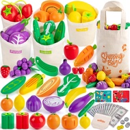 Sundaymot 69 PCS Wooden Play Food Toys, Shopping Play Toys with Canvas Tote & Sorting Bags, Pretend