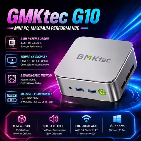 GMKtec G10 Mini PC AMD Ryzen 5 3500U DDR4 RAM 64GB Support Dual M.2 NVMe SSD 16TB Triple Display 8K 