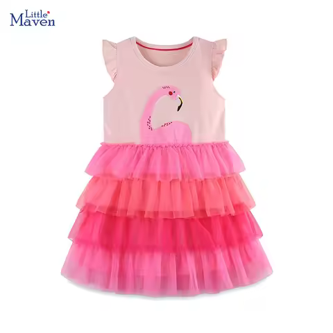 Little maven Kids Clothes Summer Children 's Clothing Baby Girls Cotton Embroidery Cartoon Flamingo 