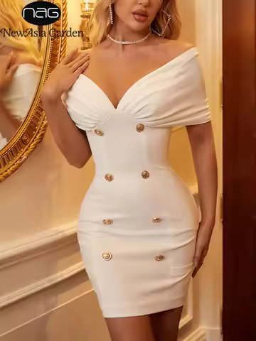 NewAsia Off the Shoulder Blazer Dress Double Breasted Anti slip Backless Ruched Low Cut Zipper Bodyc