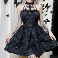 Goth Dark Mall Gothic Emo Jacquard A-line Dresses Elegant Grunge Ruched Bandage Partywear Punk Black