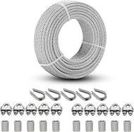 Growglow 50ft Galvanized Steel Wire Rope 7x7 Construction 1/8 Cable Steel Cable Kit with Clamp Thimb