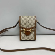 Gucci古馳 馬銜扣1955老花焦糖色手機包斜背包
